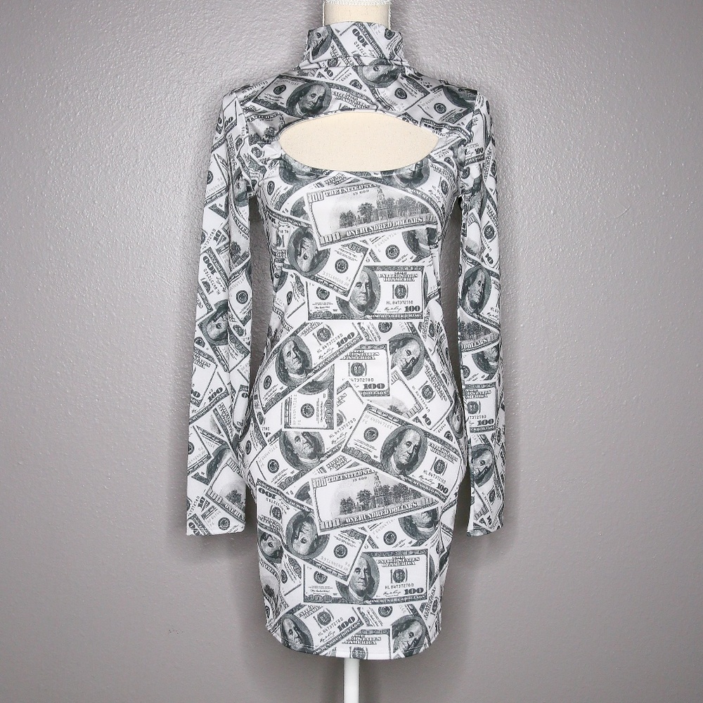 Money Print Long Sleeve Turtle High Neck Cutout Mini Dress